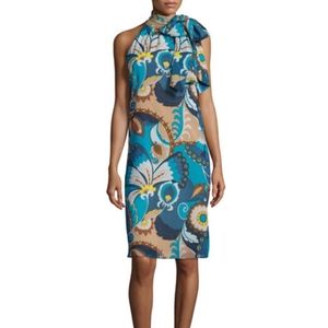 Trina Turk Sleeveless Floral Tie-Neck Shift Dress, Blue/Multicolor